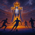 Illustration of the Premier League trophy in a glowing stadium with four football players silhouetted in action around it, symbolizing the excitement of the English football league.