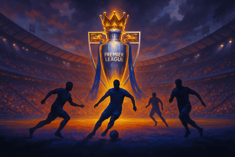 Illustration of the Premier League trophy in a glowing stadium with four football players silhouetted in action around it, symbolizing the excitement of the English football league.