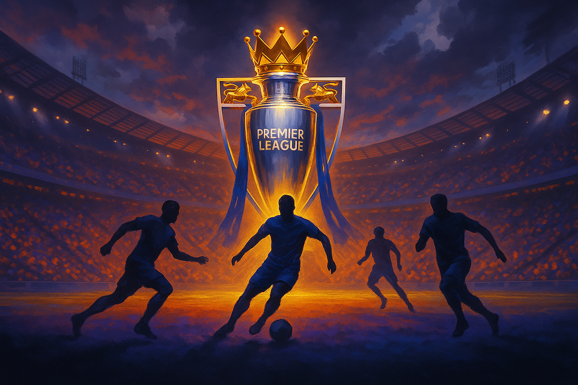 Illustration of the Premier League trophy in a glowing stadium with four football players silhouetted in action around it, symbolizing the excitement of the English football league.