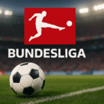 Soccer ball on a green field with the Bundesliga logo in the background