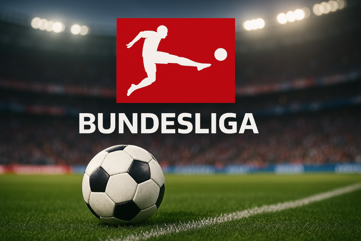 Soccer ball on a green field with the Bundesliga logo in the background