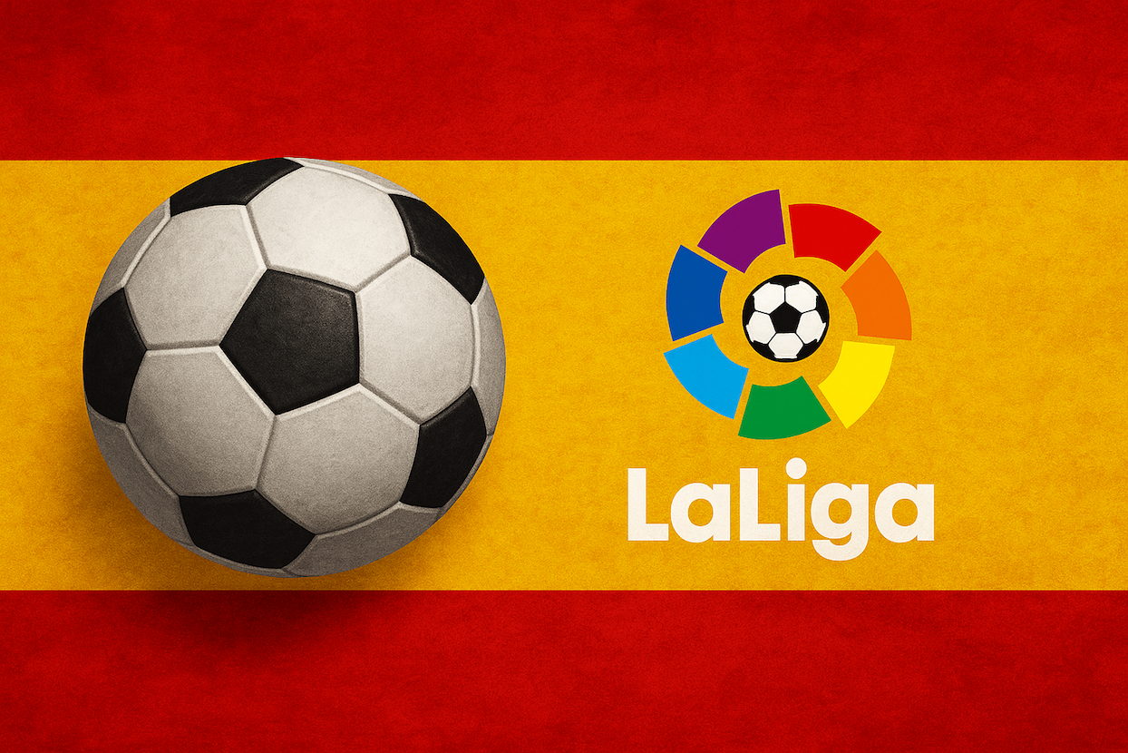Spanish flag with the La Liga logo above and a soccer ball in the foreground.