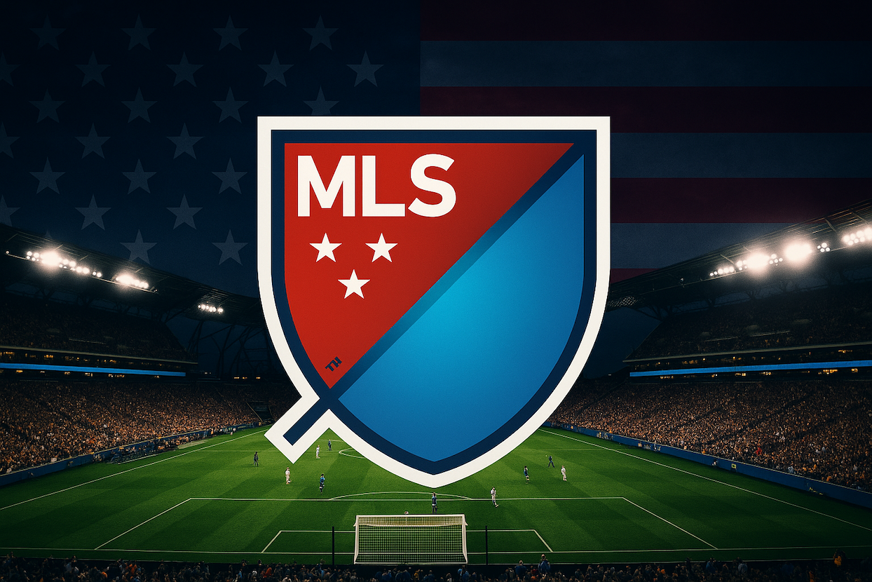 Major League Soccer (MLS) logo displayed over a green, well-maintained soccer field.